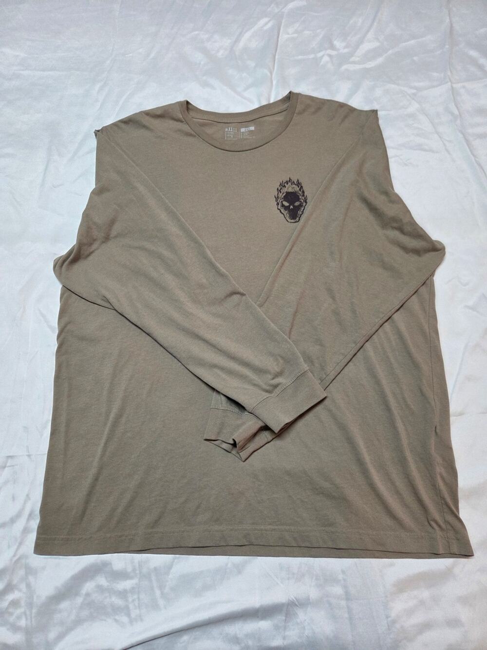 5.11 Tactical Long Sleeve Crew Neck Shirt in Taupe with Black Flame Skull